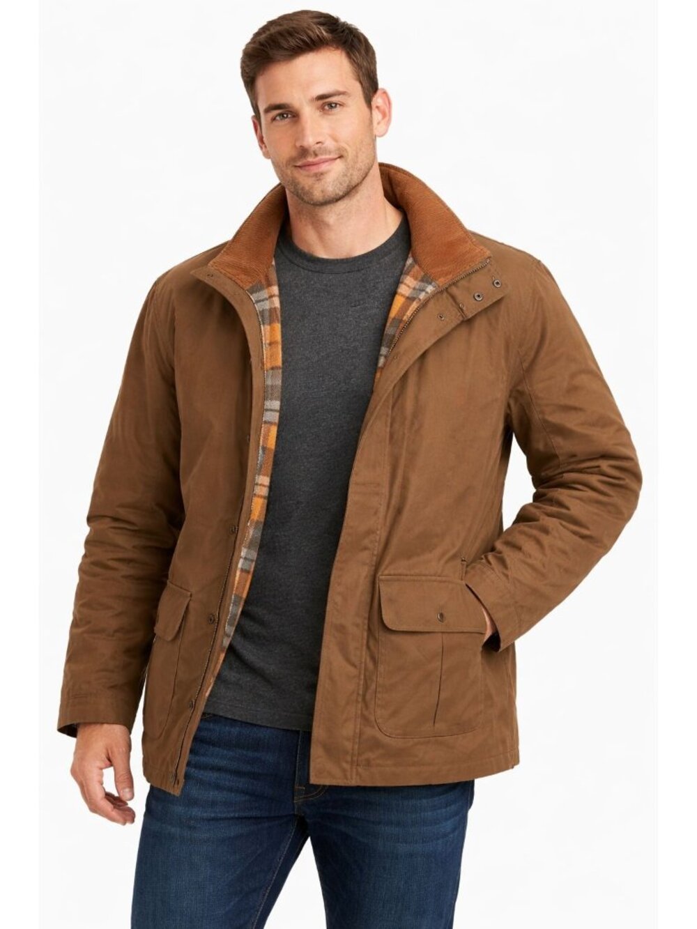 Men’s Brown Jacket Plaid Lined Corduroy Collar Coat Size Large